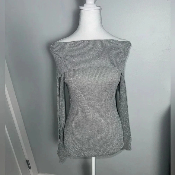 MICHAEL Michael Kors Tops - Silver Shimmer Off the Shoulder Blouse with Pearl Details on Sleeves